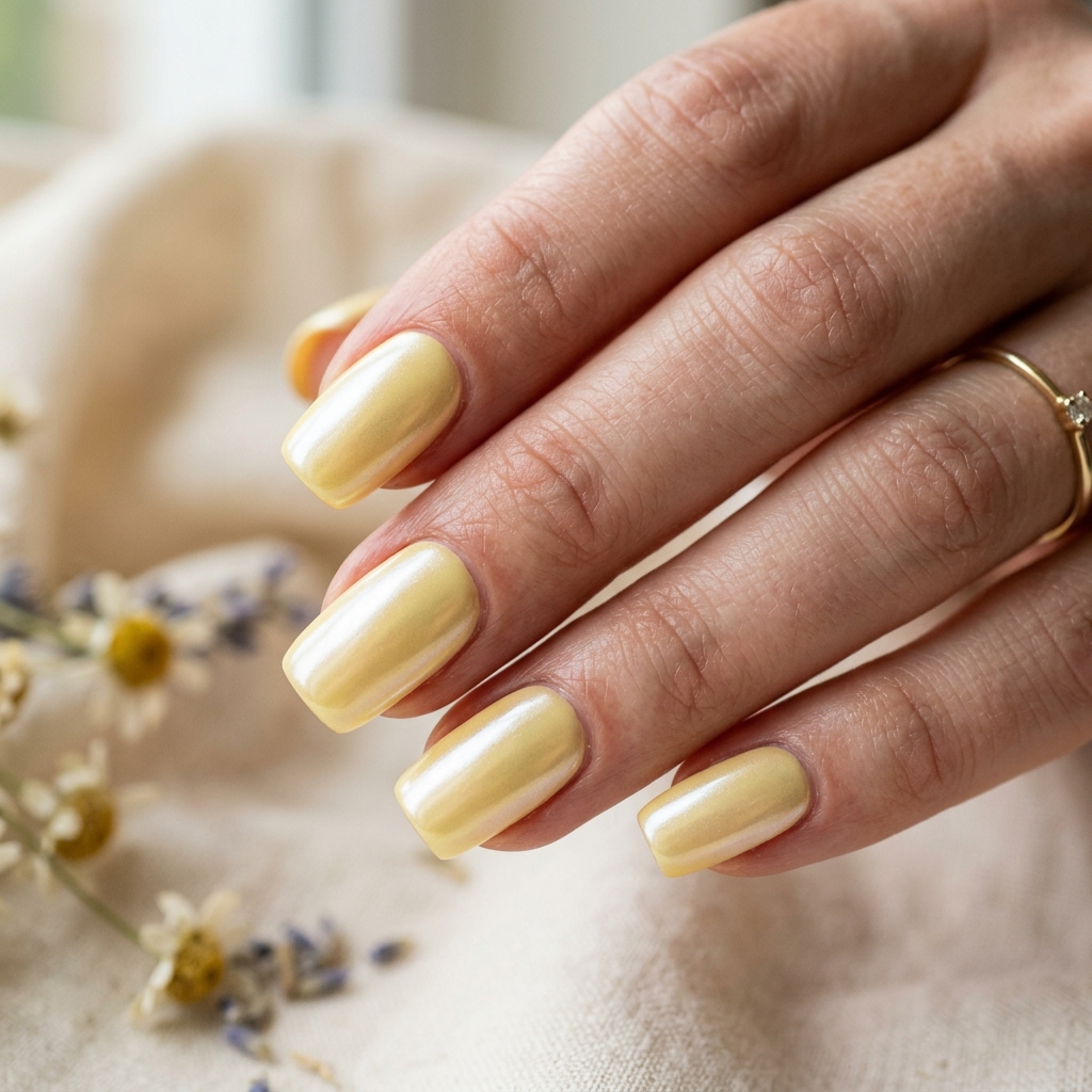 Chrome Butter Yellow Nails Idea