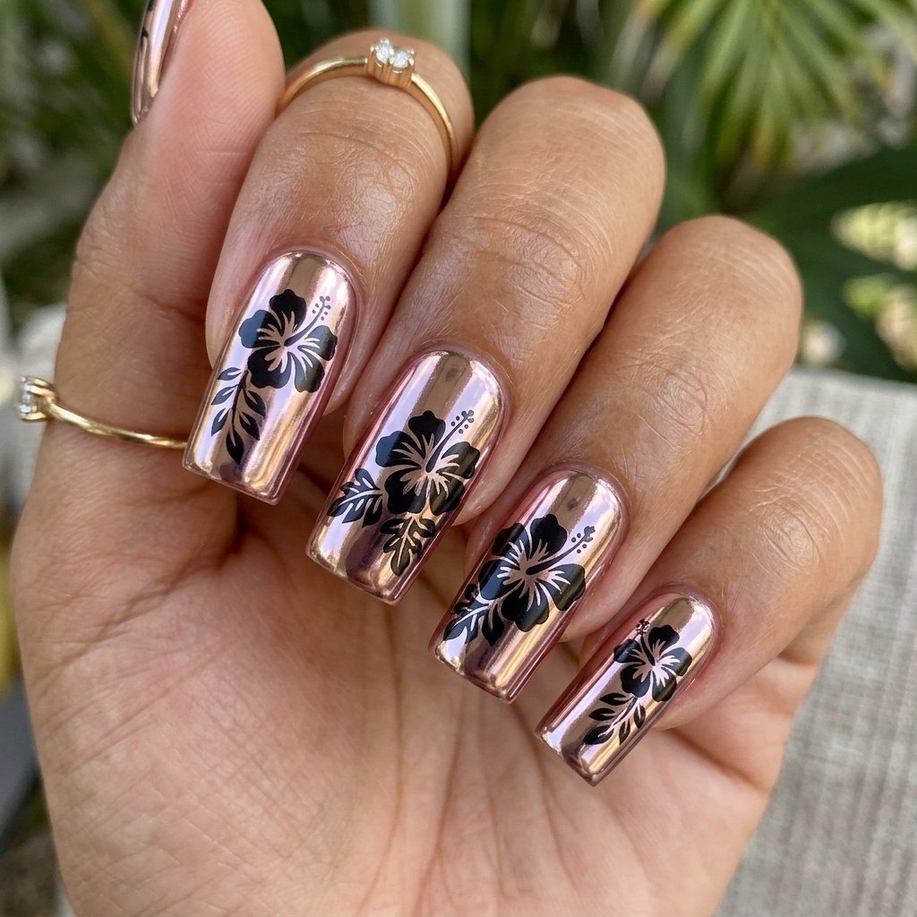 Chrome Hibiscus Flower Nail Ideas