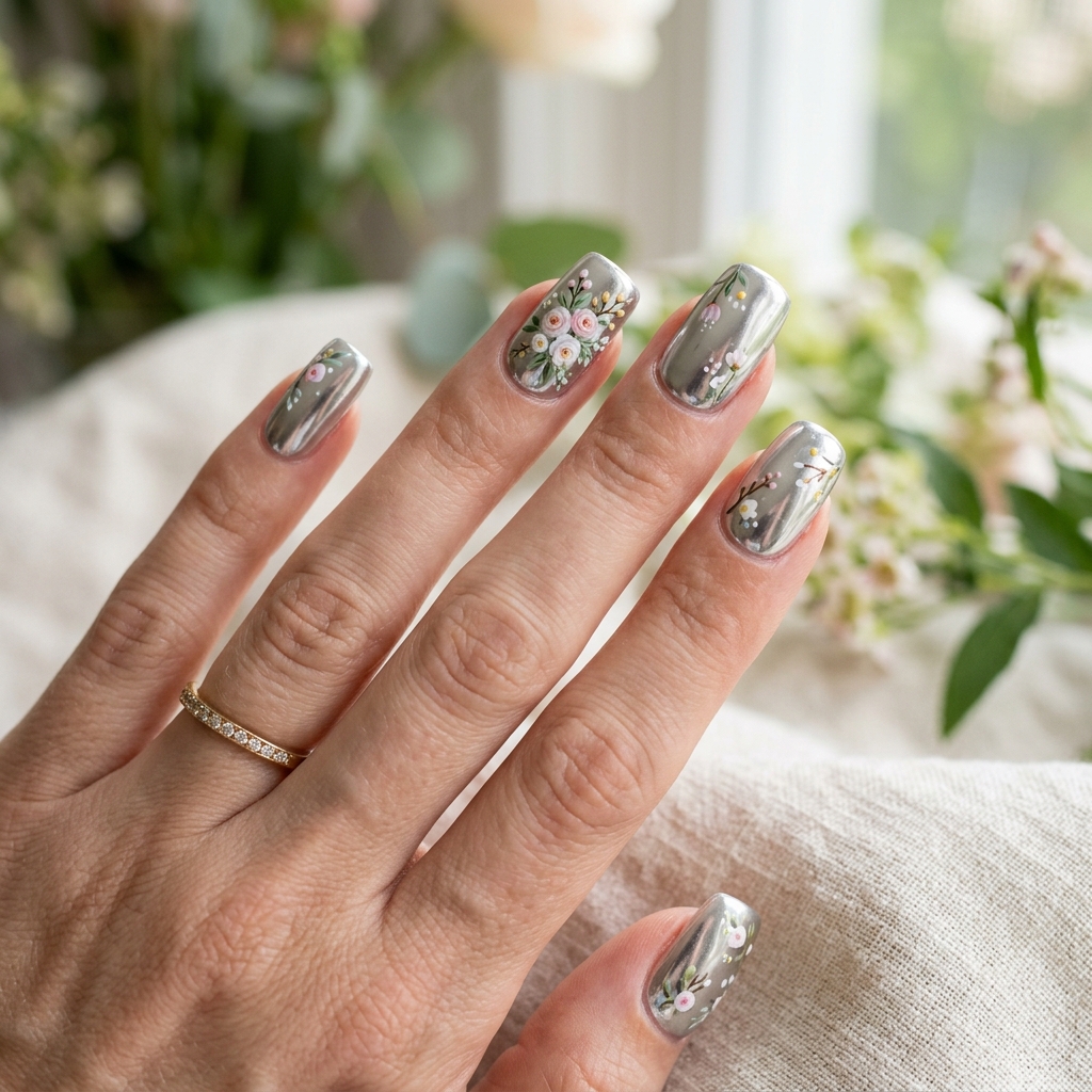 30 Chrome Summer Nails Ideas You'll Want to Try Now 27 Chrome Nails with Flower Accents Ideas