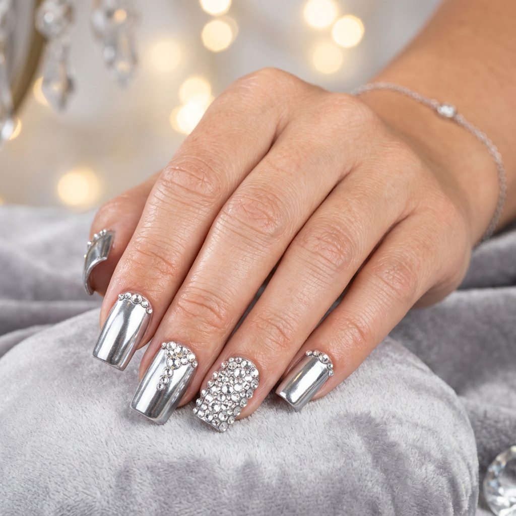 30 Chrome Summer Nails Ideas You'll Want to Try Now 24 Chrome Nails with Rhinestones Ideas