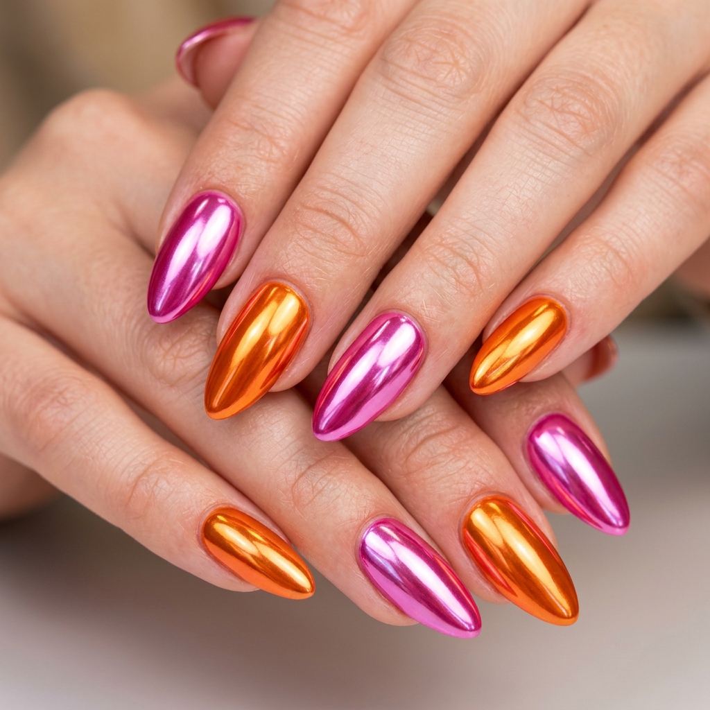 30 Pink and Orange Nails Ideas 17 Chrome Pink and Orange Nails Ideas