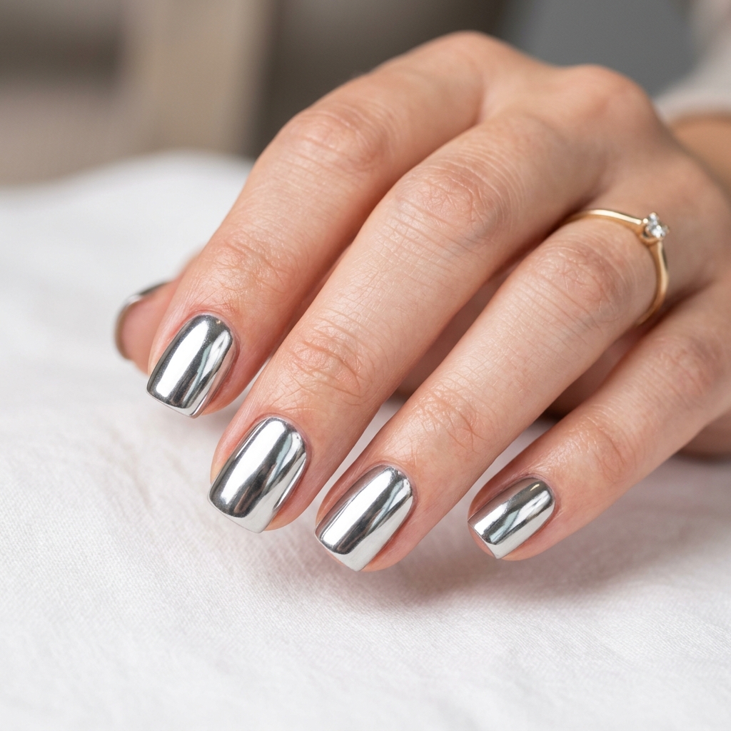 Short Acrylic Nails Round Up: 30 Stylish Looks for Every Nail Shape 6 Chrome Short Acrylic Nails Ideas