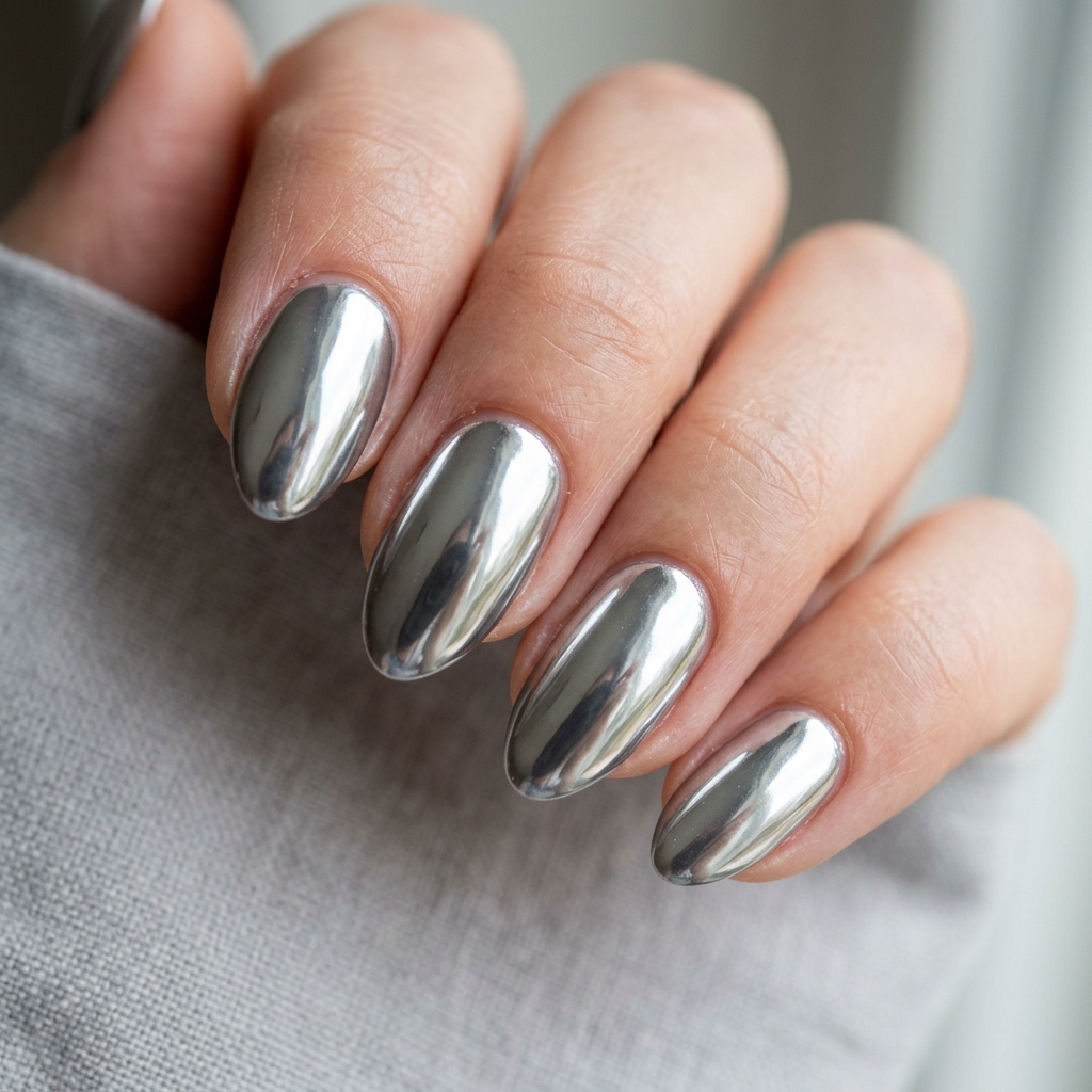 Short Almond Nails Ideas: 30 Elegant Ways to Style a Practical Shape 8 Chrome Short Almond Nails Idea