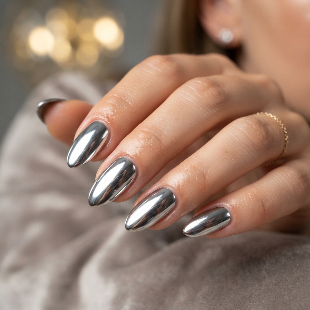 30 Winter Gel Nails Ideas You'll Want to Save 5 Chrome Silver Winter Gel Nails Idea