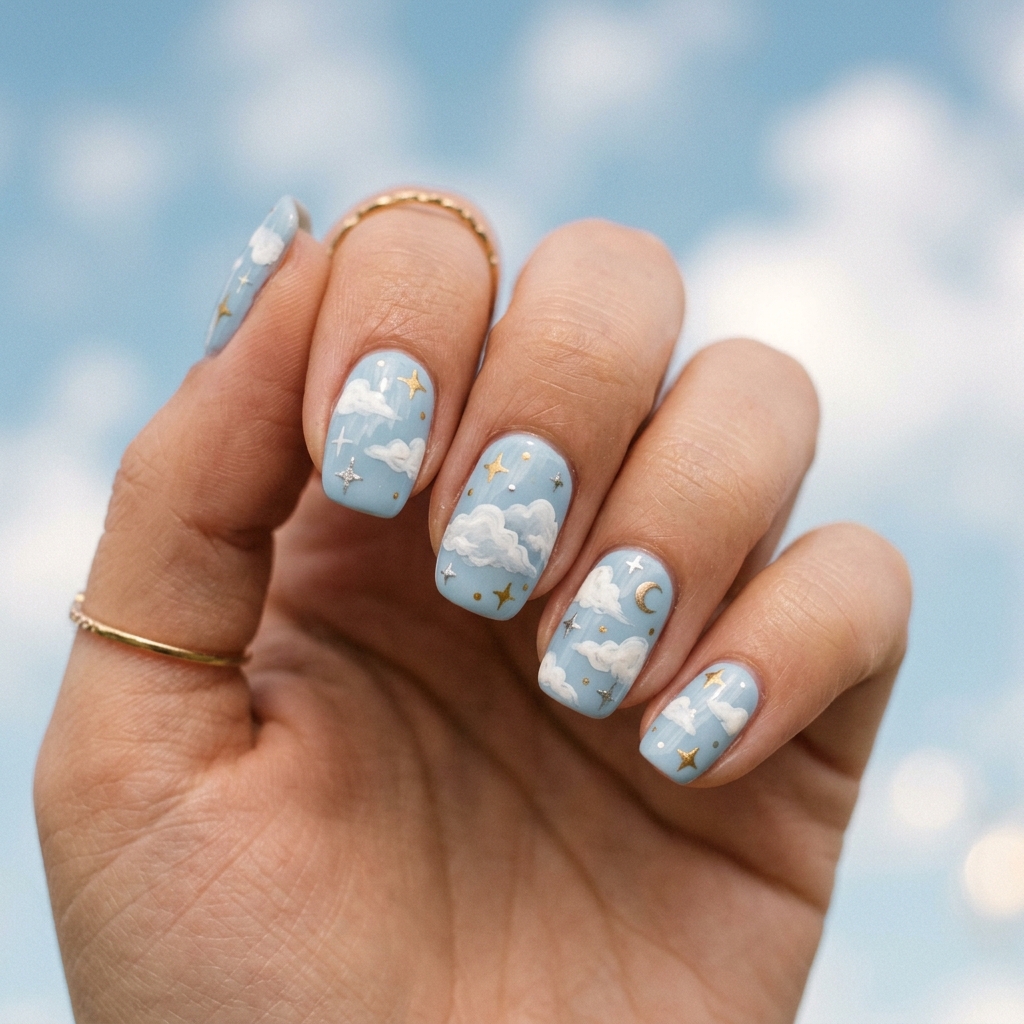 Cloud and Star Nail Art Ideas