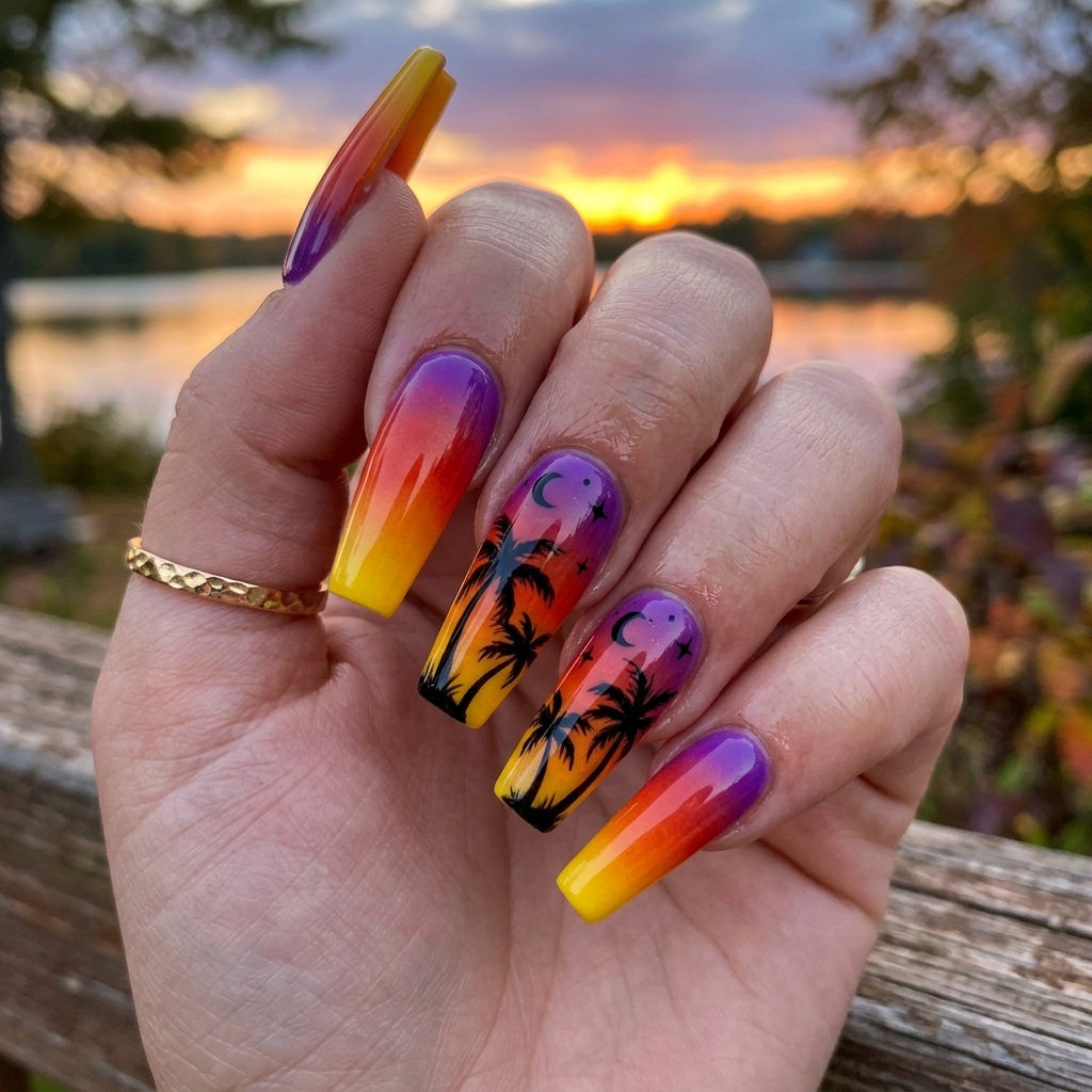 30 Pink and Orange Nails Ideas 26 Coffin Shape Sunset Nail Ideas