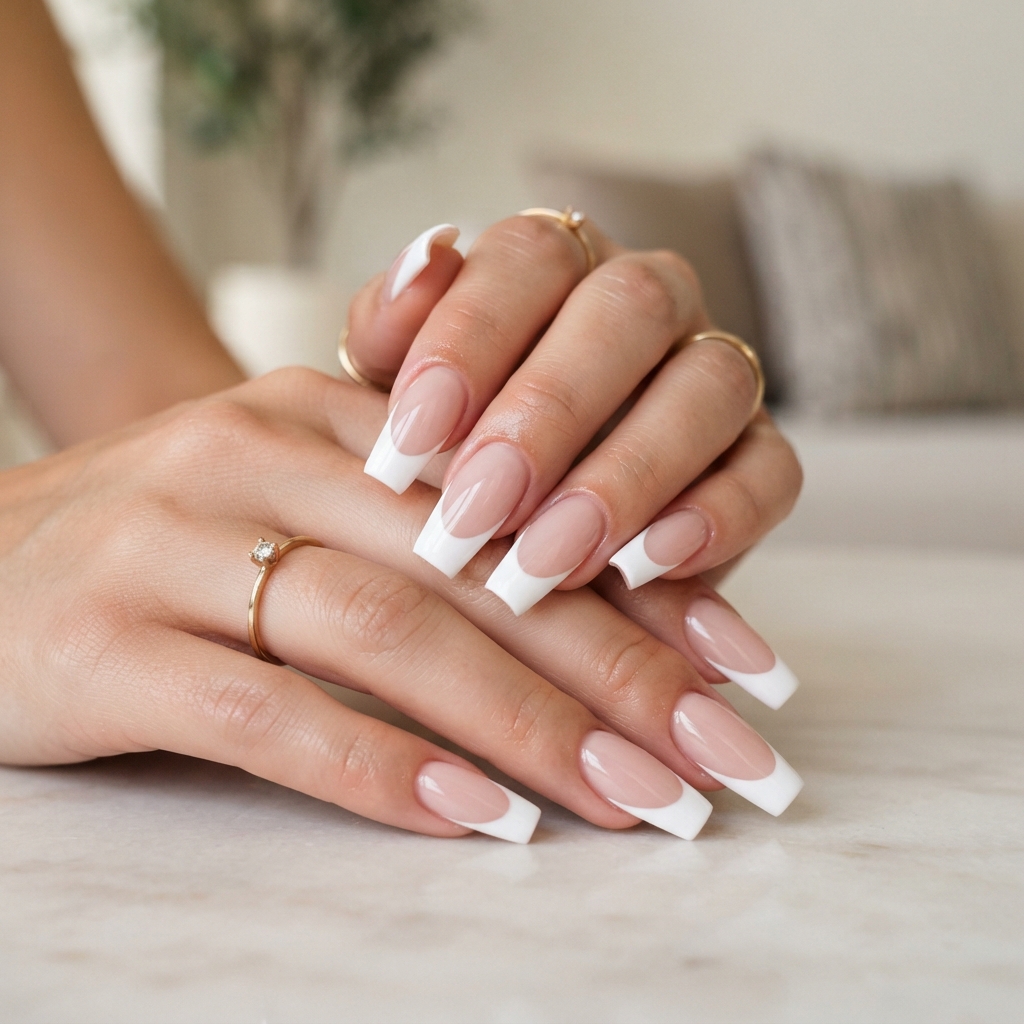 Coffin Shape White French Tip Nails Idea