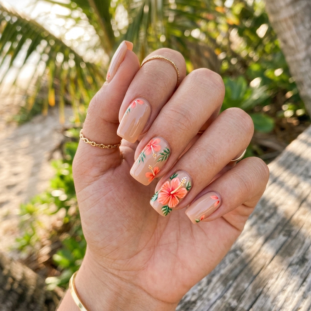 Coral Design hibiscus flower nails Ideas