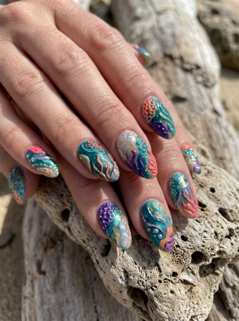 Hawaii Nails Ideas: 30 Ways to Bring Island Beauty to Your Fingertips 8 Coral Reef Hawaii Nails Ideas