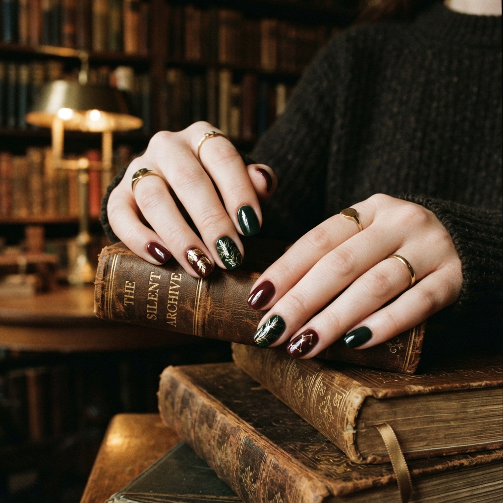 30 Cute Fall Nails Ideas for a Stylish Autumn Look 19 Dark Academia Cute Fall Nails Ideas