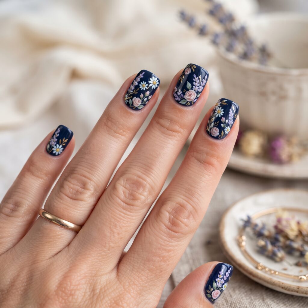 Dark Blue Nails Ideas: 30 Stunning Looks to Inspire Your Next Manicure 13 Floral Dark Blue Nails Idea
