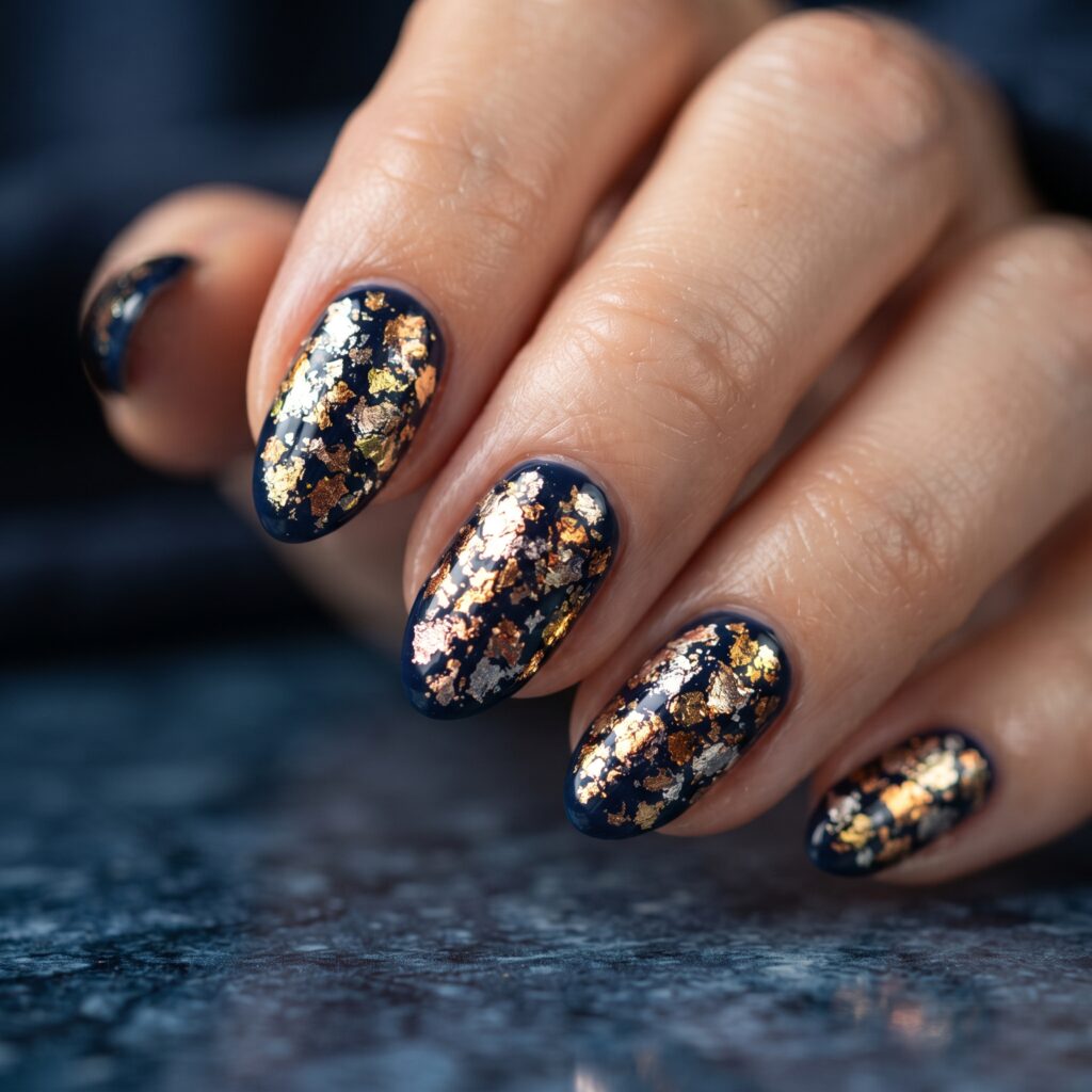 Dark Blue Nails Ideas: 30 Stunning Looks to Inspire Your Next Manicure 15 Foil Dark Blue Nails Idea