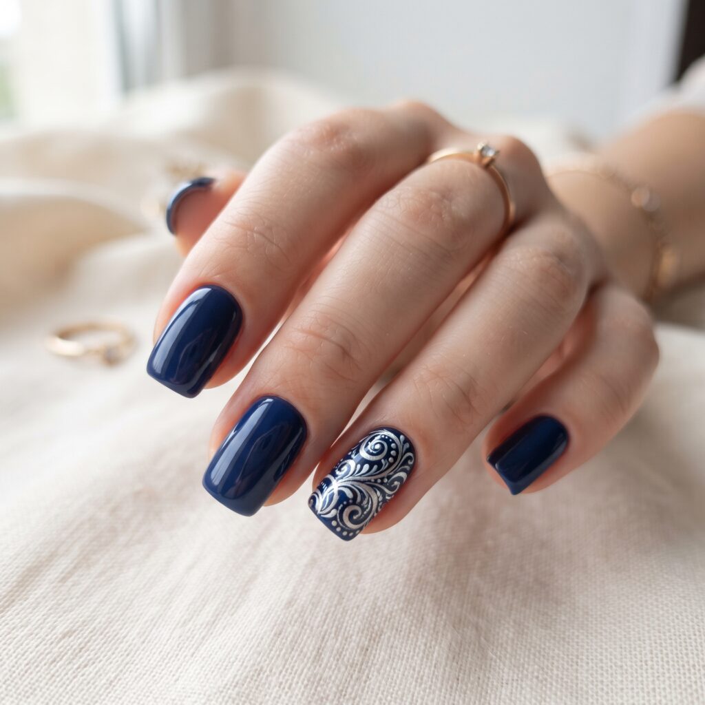 Dark Blue Nails Ideas: 30 Stunning Looks to Inspire Your Next Manicure 31 Swirl Accent Dark Blue Nails Idea