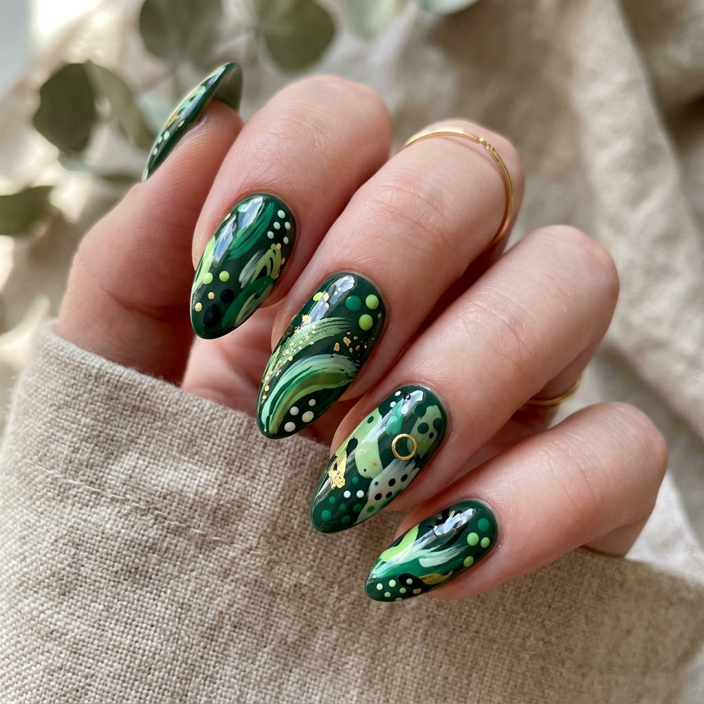 Abstract Dark Green Nails Idea