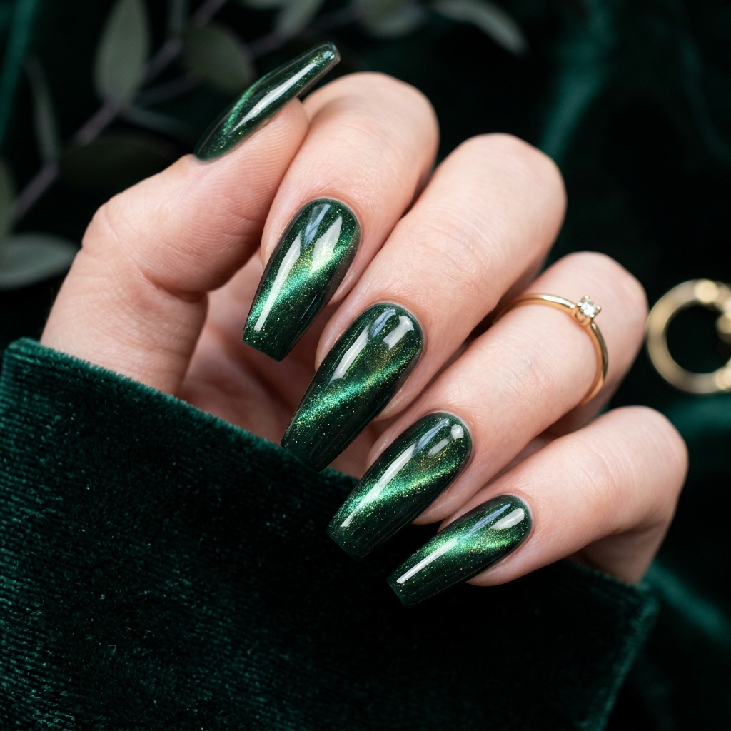 Cat Eye Dark Green Nails Idea