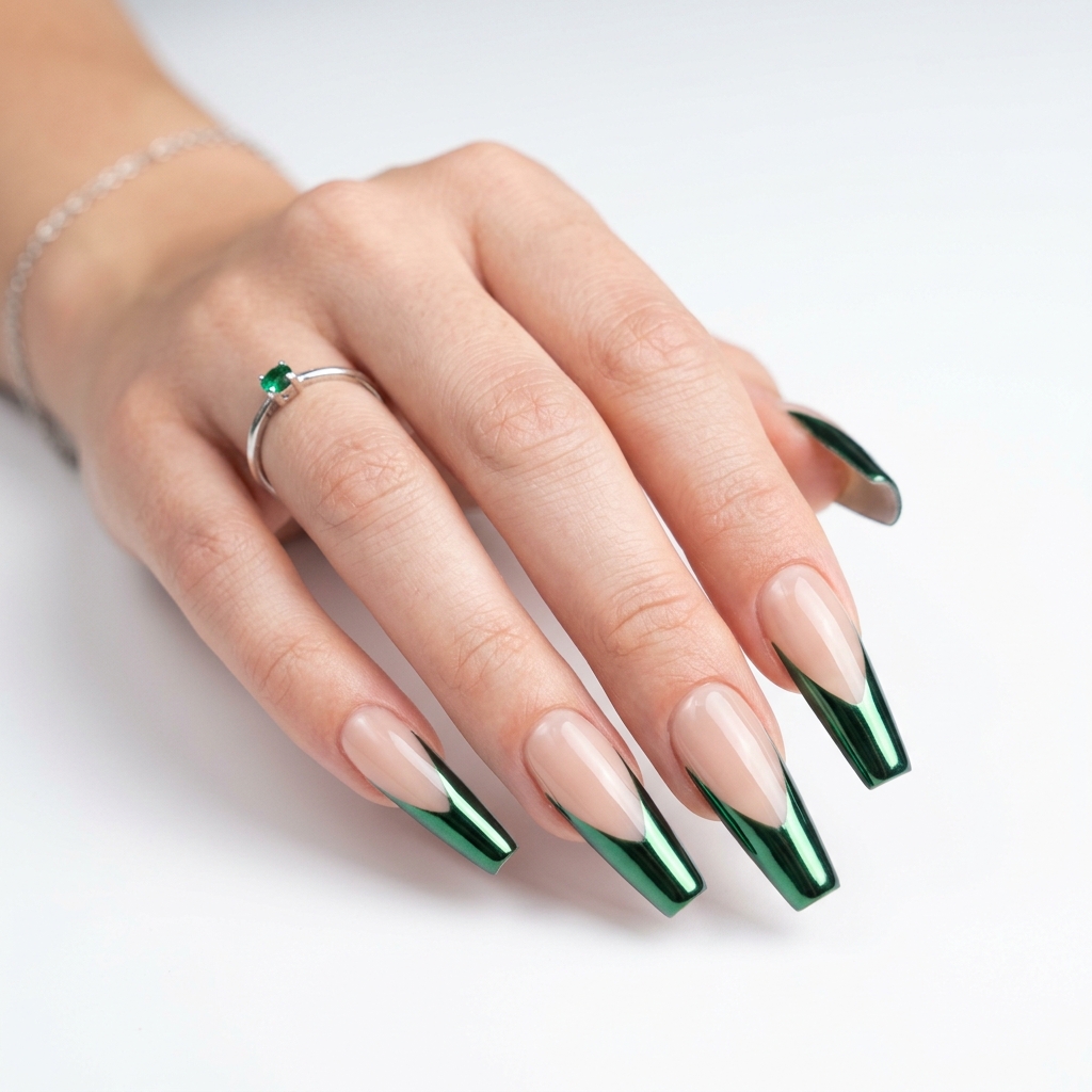 Dark Green French Tip Nails: 30 Stunning Ideas for Your Next Manicure 9 Chrome Dark Green French Tip Nails Ideas