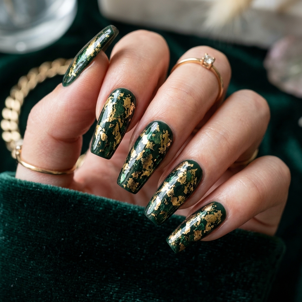 Dark Green Foil Nails Idea