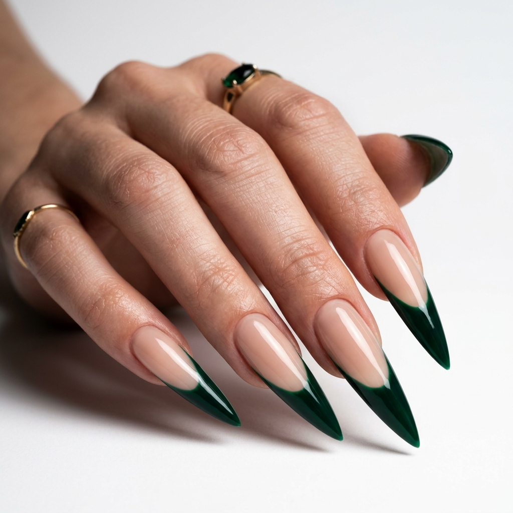 Dark Green French Tip Nails: 30 Stunning Ideas for Your Next Manicure 17 Stiletto Dark Green French Tip Nail Ideas