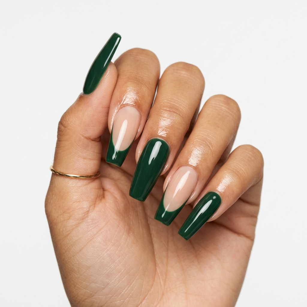 Dark Green French Tip Nails: 30 Stunning Ideas for Your Next Manicure 13 Coffin Dark Green French Tip Nails Ideas