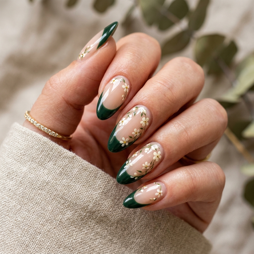 Dark Green French Tip Nails: 30 Stunning Ideas for Your Next Manicure 20 Dark Green French Tip Nails with Floral Art Ideas