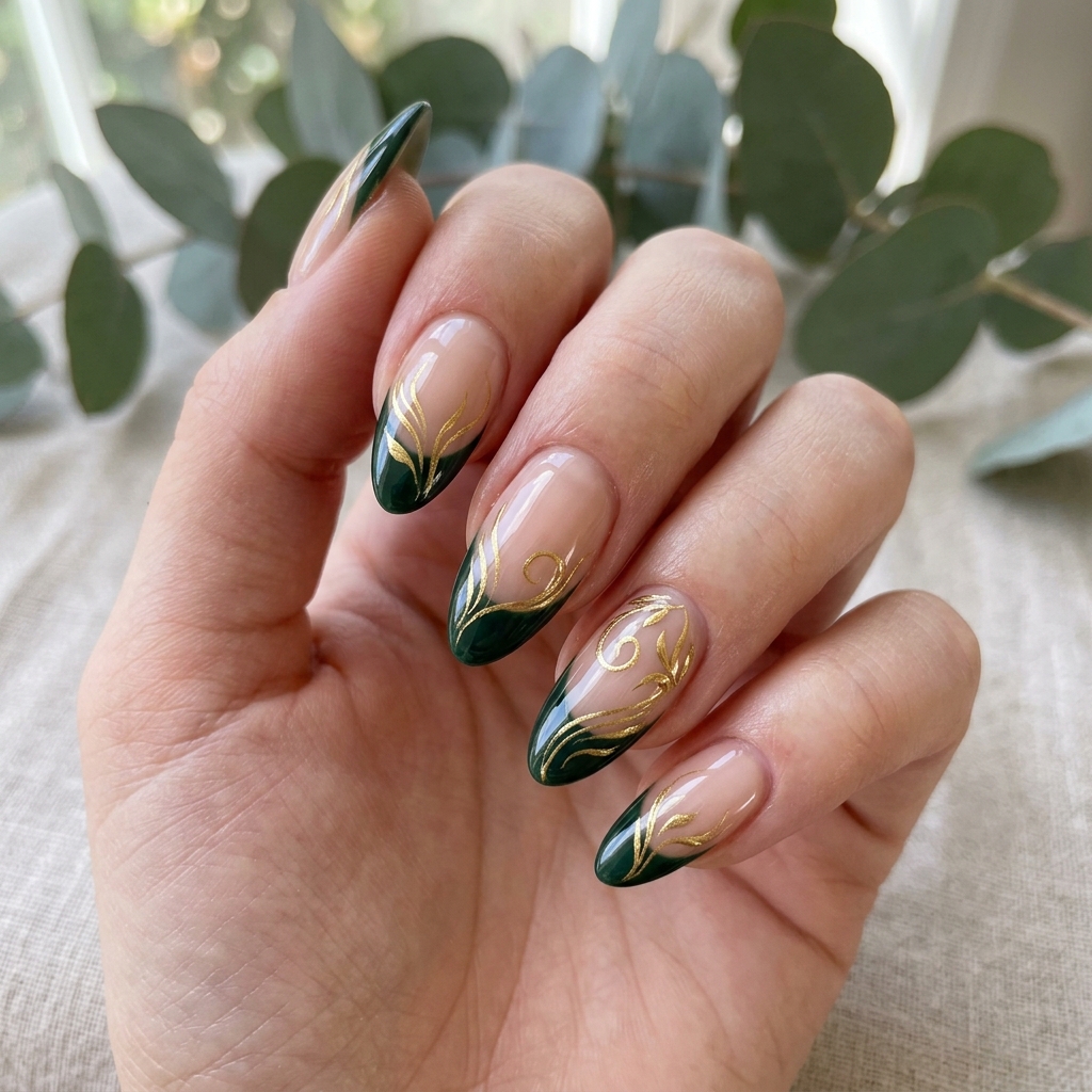 Dark Green French Tip Nails: 30 Stunning Ideas for Your Next Manicure 26 Dark Green French Tip Nails with Swirl Details Ideas
