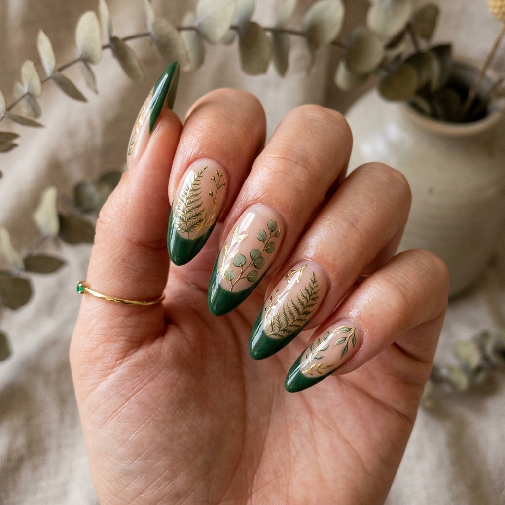 Dark Green French Tip Nails: 30 Stunning Ideas for Your Next Manicure 22 Dark Green French Tip Nails with Botanical Art Ideas