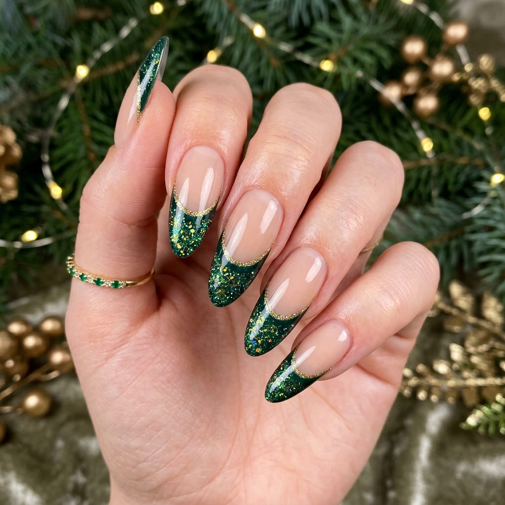Dark Green French Tip Nails: 30 Stunning Ideas for Your Next Manicure 10 Glitter Dark Green French Tip Nails Ideas