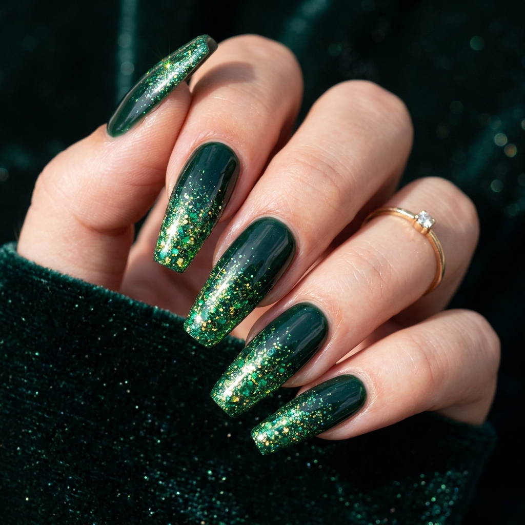 Dark Green Nails Glitter Ombre Idea