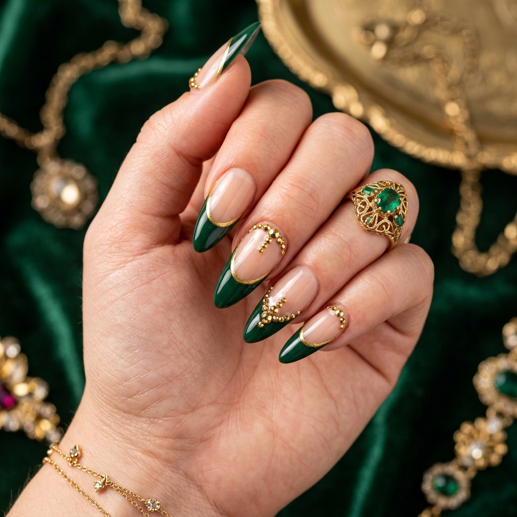 Dark Green French Tip Nails: 30 Stunning Ideas for Your Next Manicure 6 Gold and Dark Green French Tip Nails Ideas