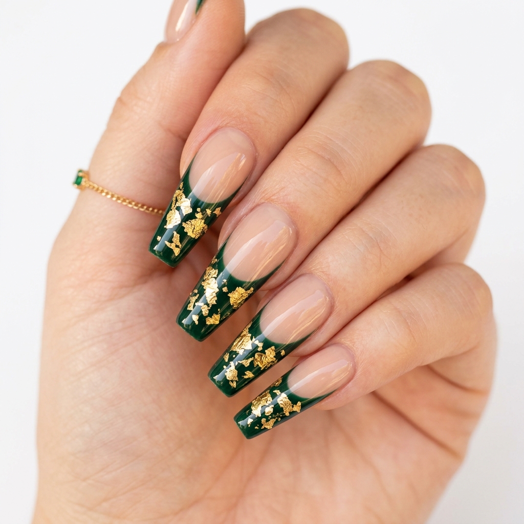 Dark Green French Tip Nails: 30 Stunning Ideas for Your Next Manicure 21 Dark Green French Tip Nails with Gold Foil Ideas