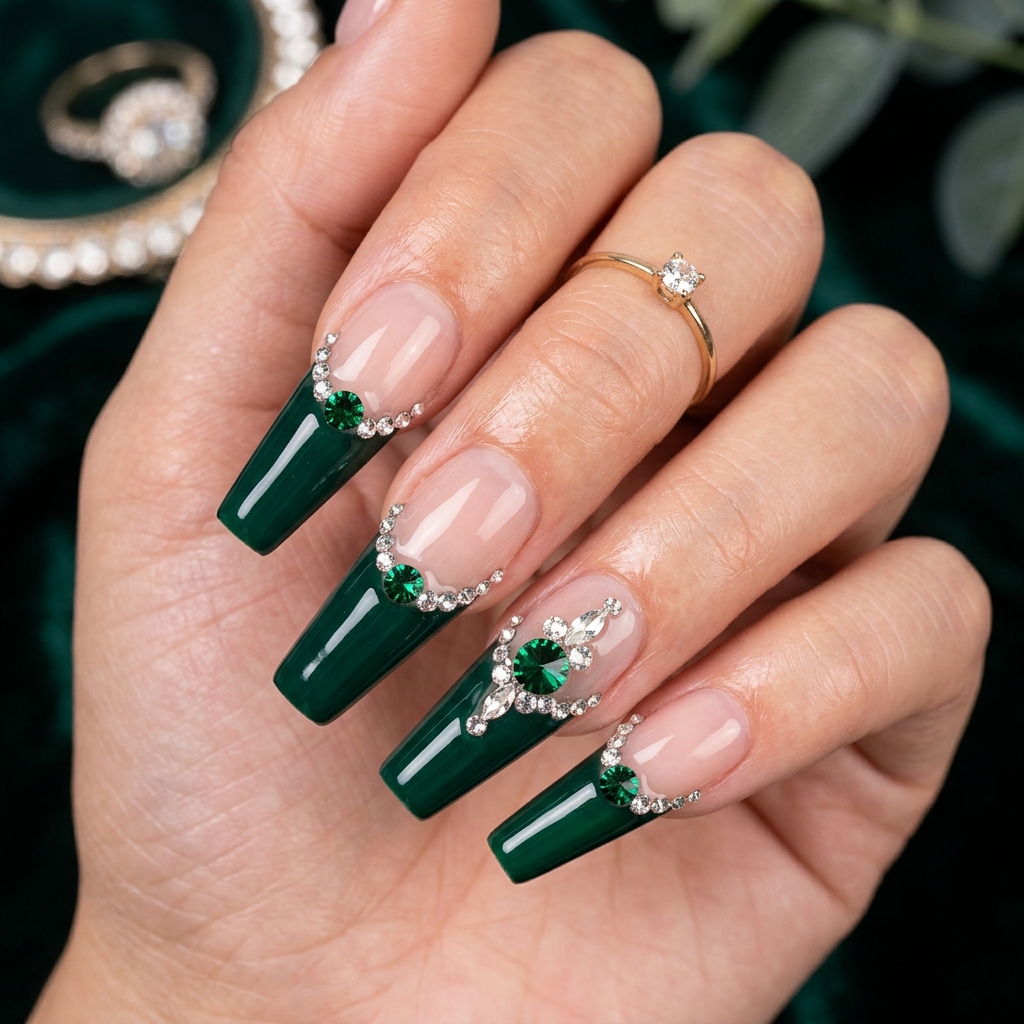 Dark Green French Tip Nails: 30 Stunning Ideas for Your Next Manicure 11 Dark Green French Tip Nails with Rhinestones Ideas