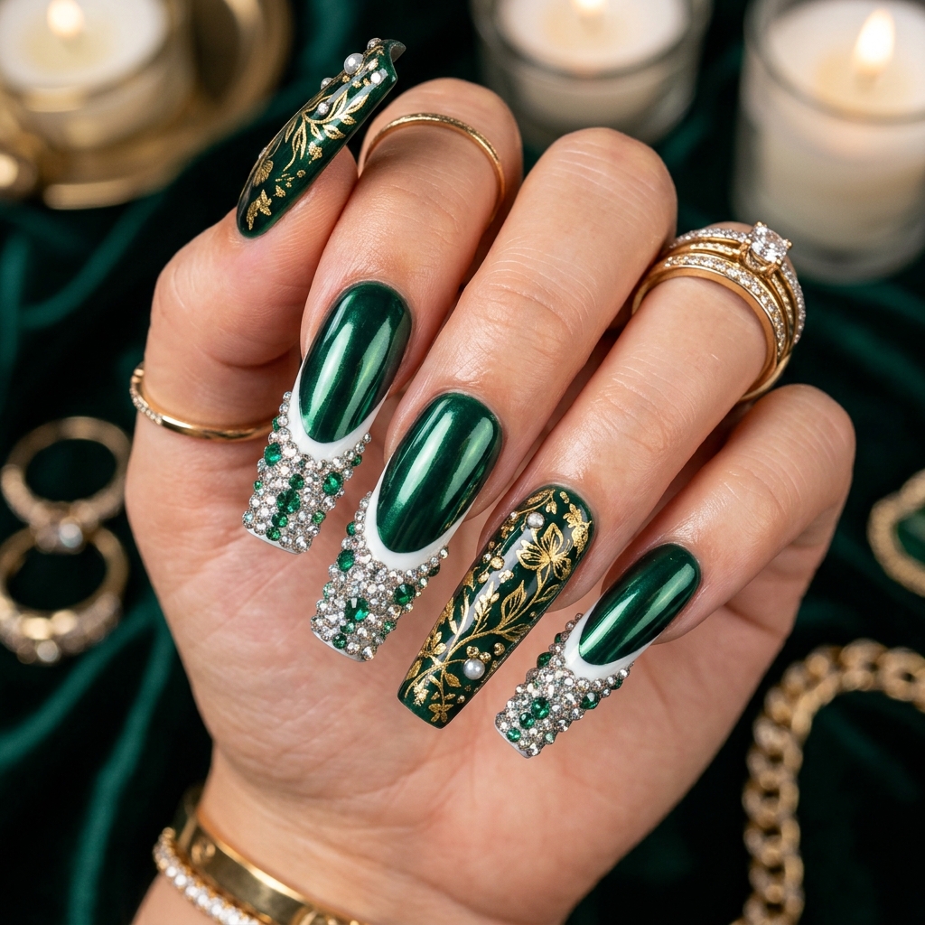 Dark Green French Tip Nails: 30 Stunning Ideas for Your Next Manicure 31 Maximalist Dark Green French Tip Nails Ideas