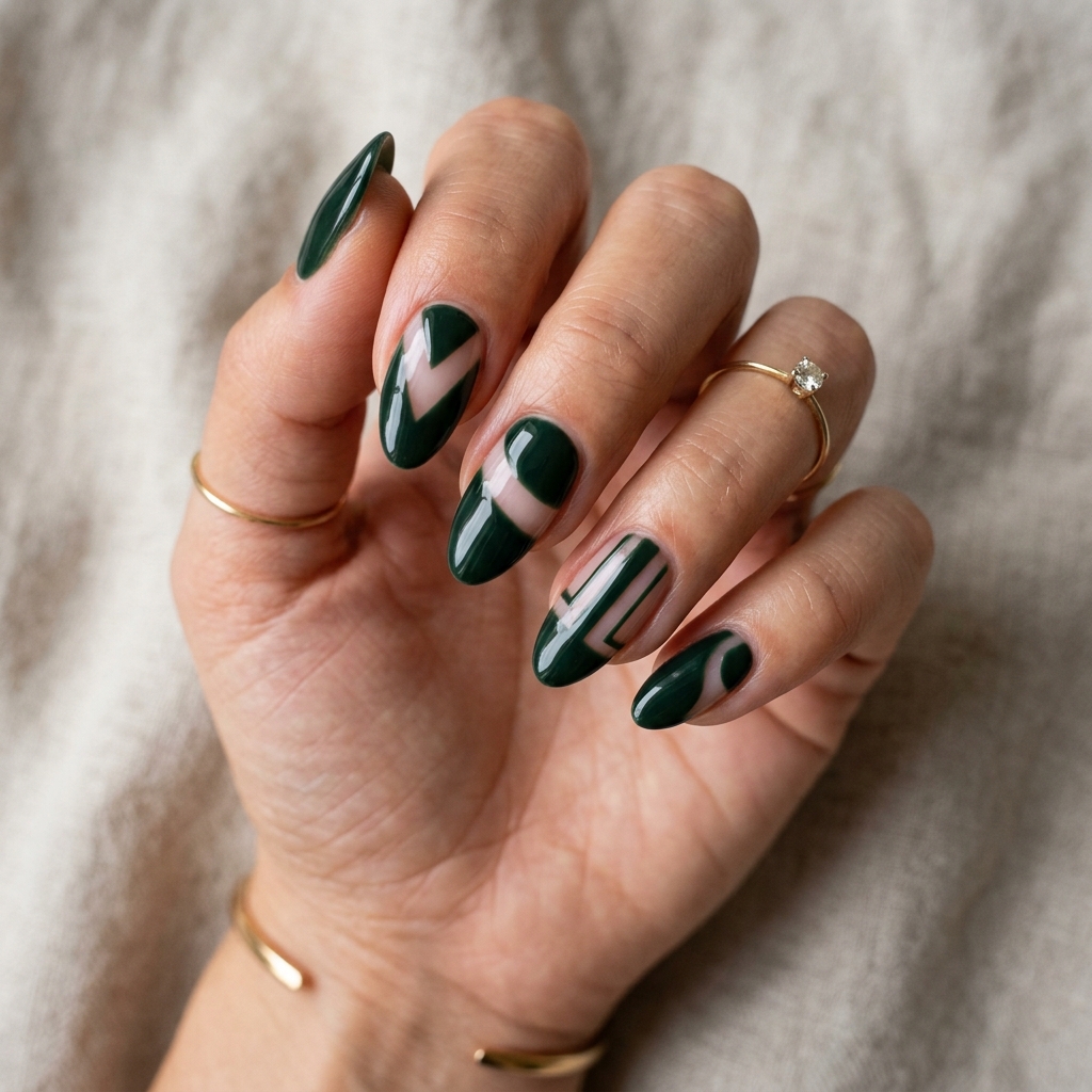 Dark Green Nails Negative Space Idea