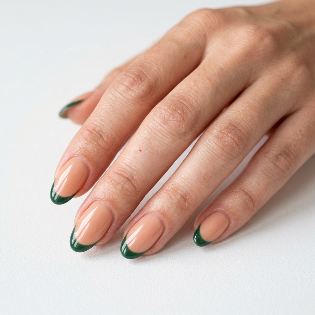 Dark Green French Tip Nails: 30 Stunning Ideas for Your Next Manicure 23 Nude and Dark Green French Tip Nails Ideas