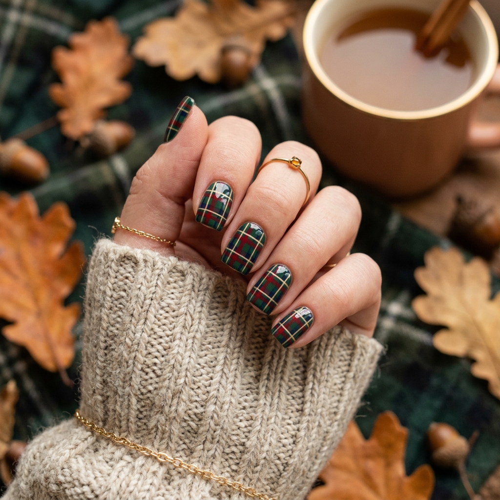 Plaid Dark Green Nails Idea