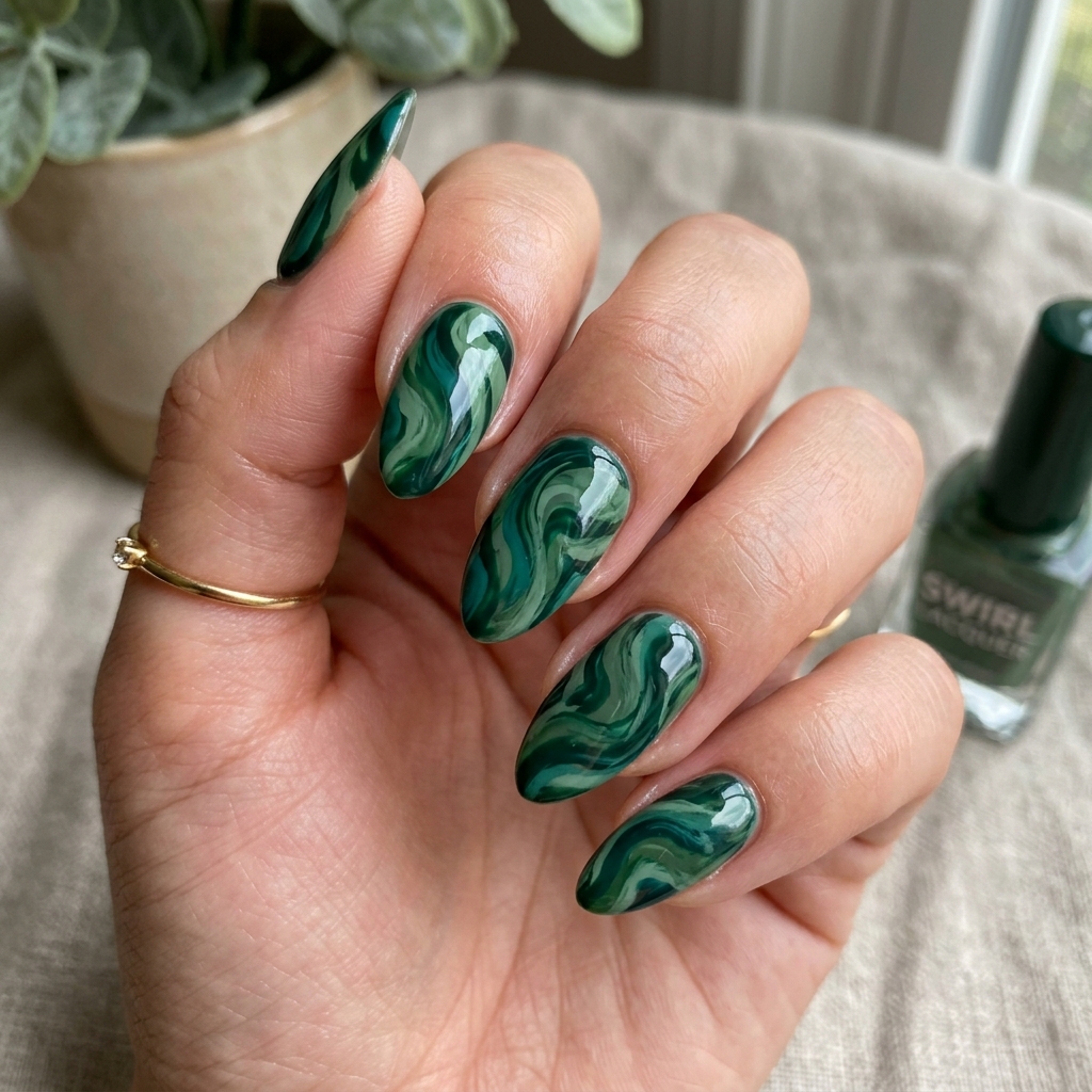 Swirl Dark Green Nails Idea