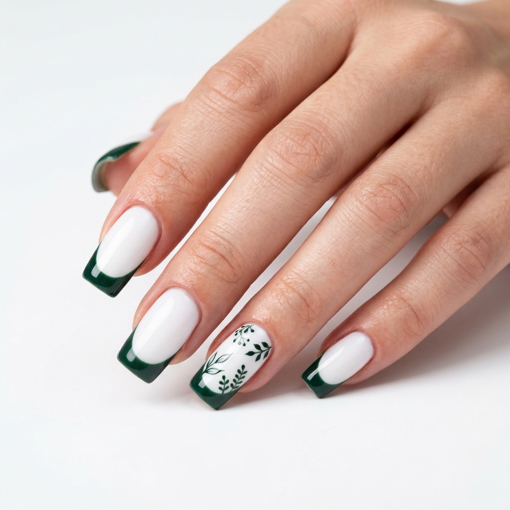 Dark Green French Tip Nails: 30 Stunning Ideas for Your Next Manicure 7 White and Dark Green French Tip Nails Ideas