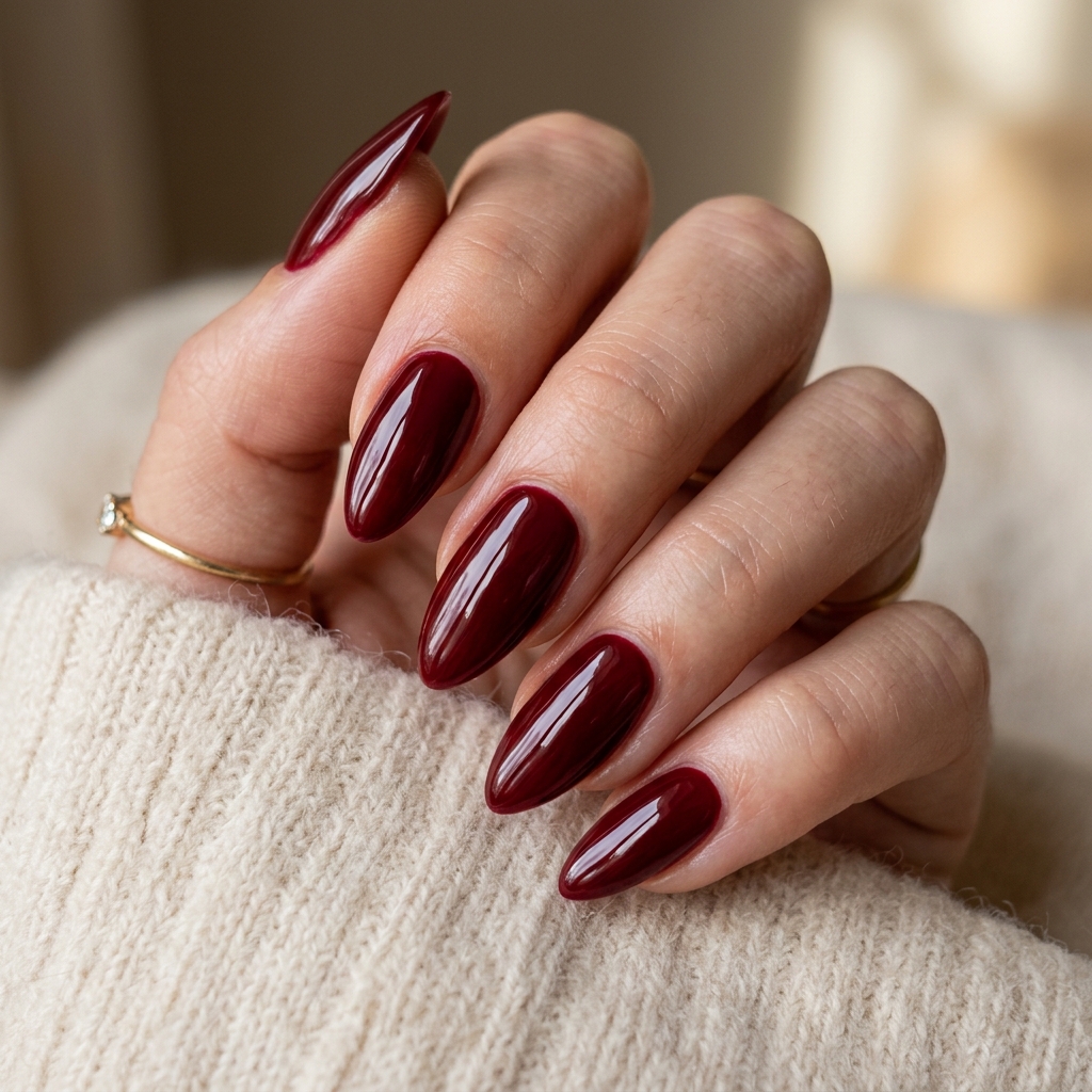 From Wine to Wine to Burgundy: 30 Dark Red Nails Ideas for Every Vibe 10 Dark red almond nails 202607122016 1
