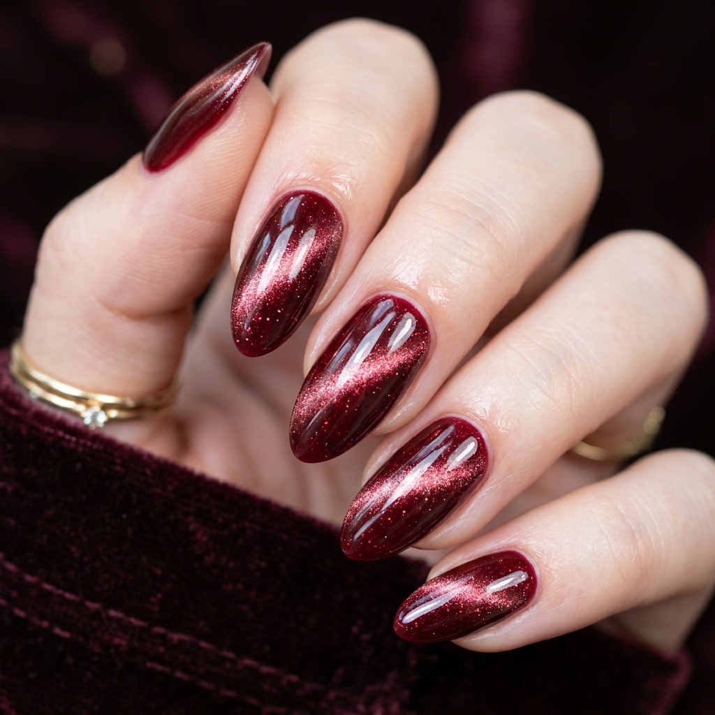 From Wine to Wine to Burgundy: 30 Dark Red Nails Ideas for Every Vibe 18 Dark red cat eye nails 202607122018