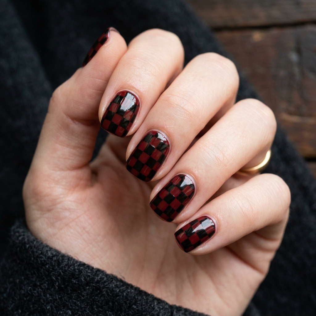 From Wine to Wine to Burgundy: 30 Dark Red Nails Ideas for Every Vibe 28 Dark red checkerboard nails 202607122021