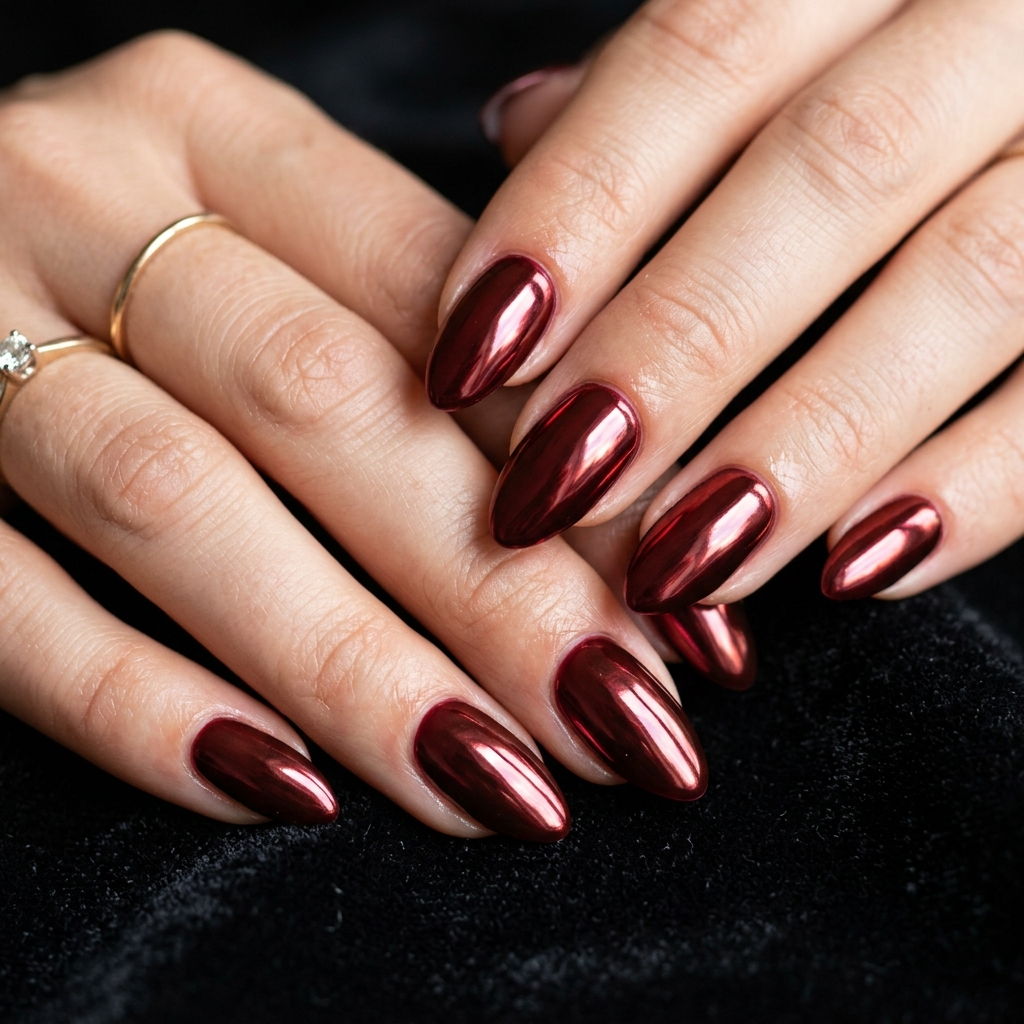 From Wine to Wine to Burgundy: 30 Dark Red Nails Ideas for Every Vibe 3 Dark red chrome nails 202607122014