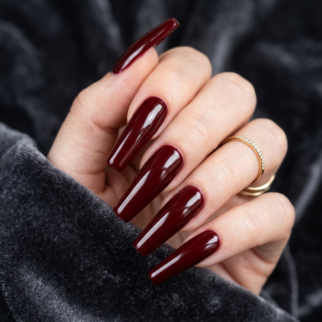 From Wine to Wine to Burgundy: 30 Dark Red Nails Ideas for Every Vibe 14 Dark red coffin nails 202607122017