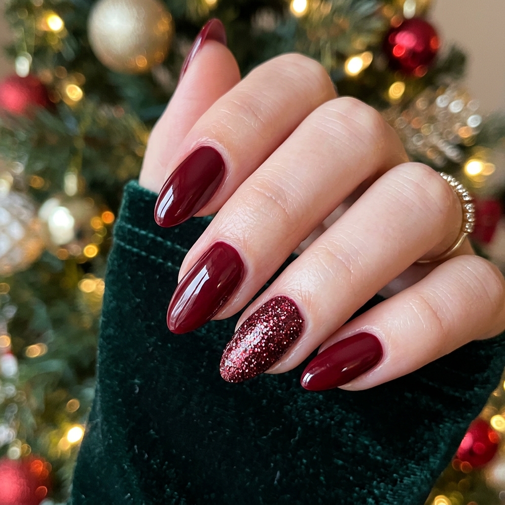 From Wine to Wine to Burgundy: 30 Dark Red Nails Ideas for Every Vibe 12 Dark red glitter accent nails 202607122017