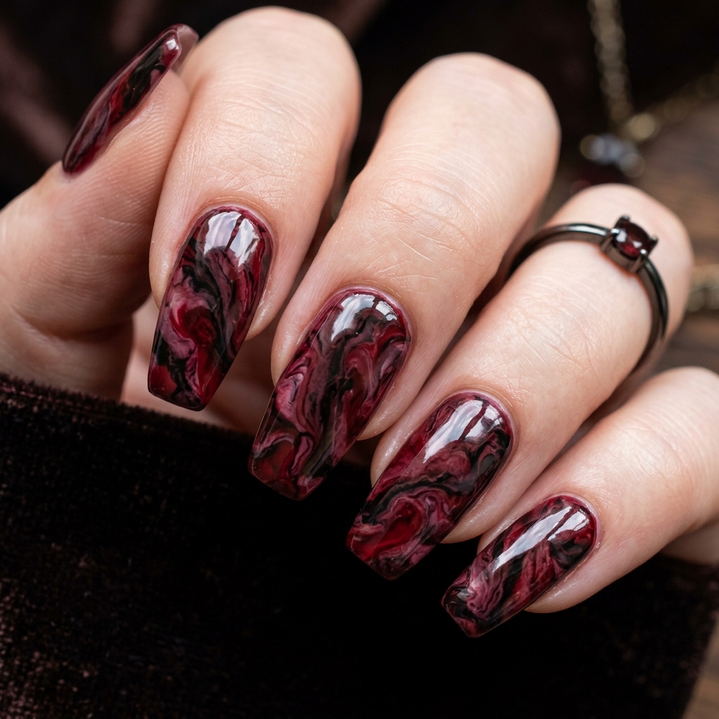 From Wine to Wine to Burgundy: 30 Dark Red Nails Ideas for Every Vibe 8 Dark red marble nails 202607122016