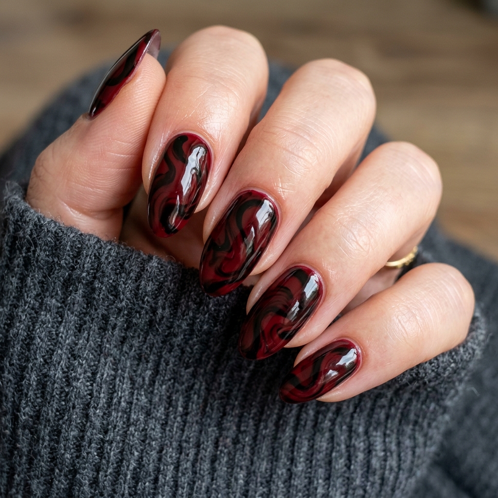 From Wine to Wine to Burgundy: 30 Dark Red Nails Ideas for Every Vibe 24 Dark red swirl nails 202607122020