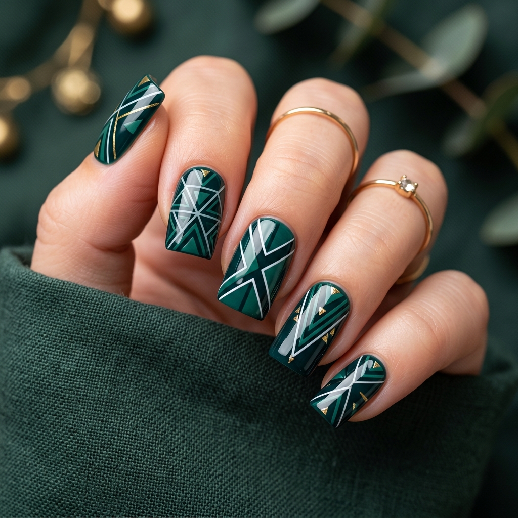 Deep Green Geometric Nails Idea