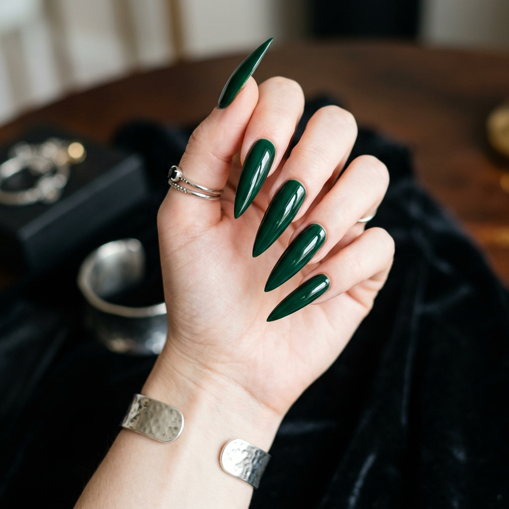 Deep Green Stiletto Nails Idea
