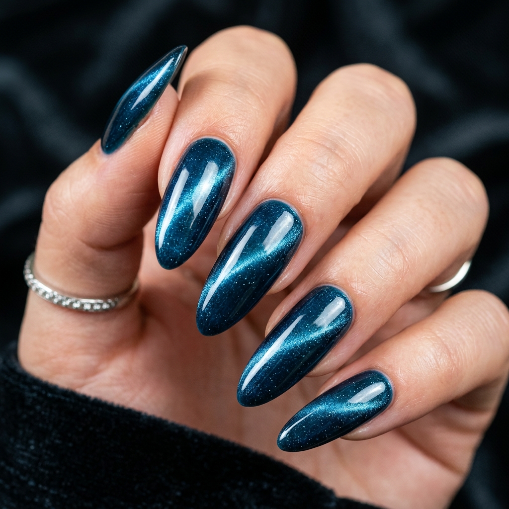 Deep Ocean Blue Cat Eye Nails Idea