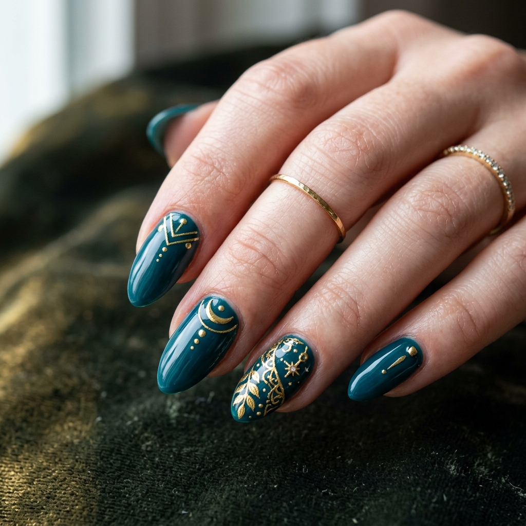 Deep teal nails gold accent 202607121856