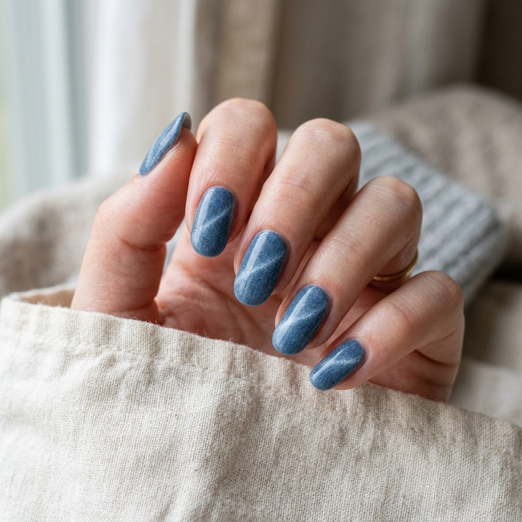 Denim Blue Cat Eye Nails Idea